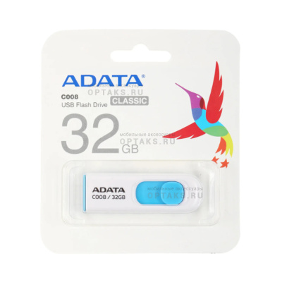 Флешка USB 32 Гб ADATA C008, USB2.0, пластик, белый, с голубой вставкой